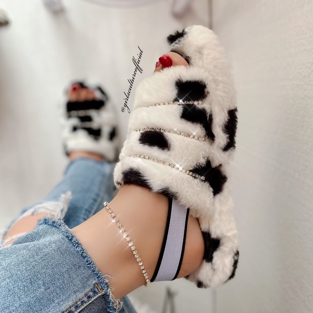 Cow Diamond Sling Back Faux Fur Slipper